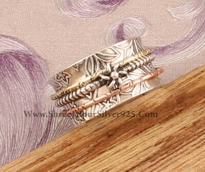 925 Sterling Silver Artisan &amp; Brass Sun Designer Carved Band Spinner Ring, Handmade Three Tone Ring, Valentine's Day Gift Idea Jewelry