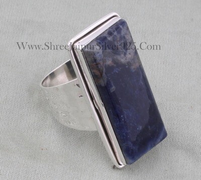 Natural Sodalite Solid 925 Sterling Silver Ring For Women, Handmade Hammered Bar Long Stone Band Ring For Wedding Anniversary Gift For Her