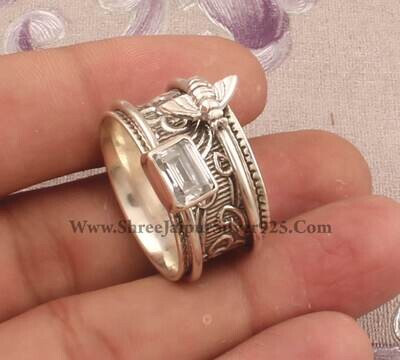 Natural Crystal Quartz Solid 925 Sterling Silver Spinner Ring For Women, Handmade Silver Honey Bee Crystal Ring For Wedding Anniversary Gift