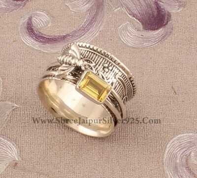 Citine Solid 925 Sterling Silver Spinner Ring For Women, Handmade Silver Honey Bee Citrine Ring For Wedding Anniversary Gift For Her