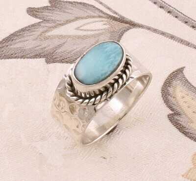 Solid 925-Sterling Silver Ring Natural Larimar gemstone Ring Cabochon &amp; Opaque Stone Boho Ring  Handmade With Charm Ring Ring Finger Ring