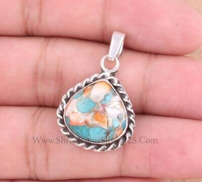 Heart Oyster Copper Turquoise Solid 925 Sterling Silver Necklace Pendant For Women, Handmade Stone Pendant For Wedding Anniversary Gift Idea