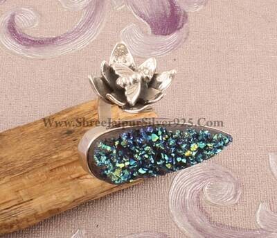 925 Sterling Silver Titanium Druzy &amp; Flower Honey Bee Adjustable Rings, Designer Handmade Gemstone Silver Rings, Valentines Day Jewelry Gift