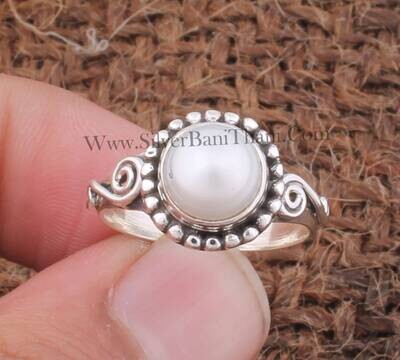 Pearl Silver Gemstone Silver Ring | 925 Sterling Silver Round Gemstone Ring | Designer Spiral Handmade Bridesmaid Ring | Bridal Wedding Gift