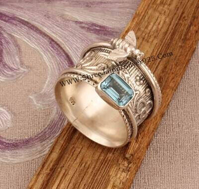 Natural Blue Topaz Solid 925 Sterling Silver Spinner Ring For Women, Handmade Silver Honey Bee Blue Topaz Ring For Wedding Anniversary Gift