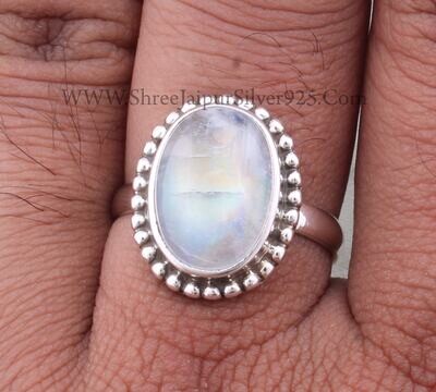 925 Sterling Silver Rings For Women Natural Rainbow Moonstone Ring White Oval Handmade Dotted Silver Jewelry Engagement Dainty Mom Gift Idea