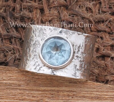 Blue Topaz Solid 925 Sterling Silver Ring For Women Handmade Round Cut Solid Silver Fancy Hammered Band Ring Antique Silver Band Ring Gifts