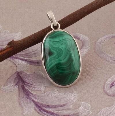 Top Quality Malachite Gemstone Pendant Oval Cabochon Stone Pendant,Big Size Pendant,Opaque Stone Pendant 925-Sterling Silver Pendant