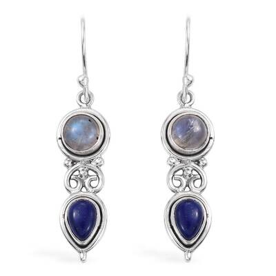Combo Earring 925-Sterling Solid Silver Earring With Natural Rainbow Moonstone +Lapis Gemstone's Earring Cabochon Stone's Boho Earring
