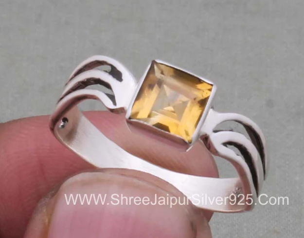 Citrine Solid 925 Sterling Silver Squire Shape Gemstone Ring, Designer Silver Layard Band Ring, Handmade Gemstone Ring, Engagement Ring Gift