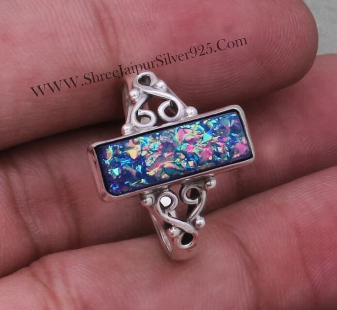 Blue Druzy 925 Sterling Silver Titanium Druzy Rectangle Bar Gemstone Rings, Designer Handmade Gemstone Jewelry, Women Jewelry, Birthday Gift
