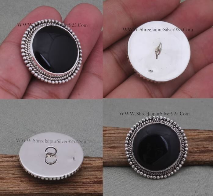 Button Black Onyx Gemstone, Artisan Jewelry, Handmade Gemstone Silver Button, Black Onyx Gemstone Button, Silver Button, Gemstone Jewelry