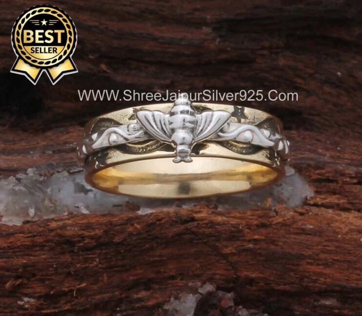Silver Honey Bee 925 Solid Sterling Silver Spinner Ring For Women, Handmade Boho Meditation Spinning Wide Band Ring, Anxiety Fidget Ring