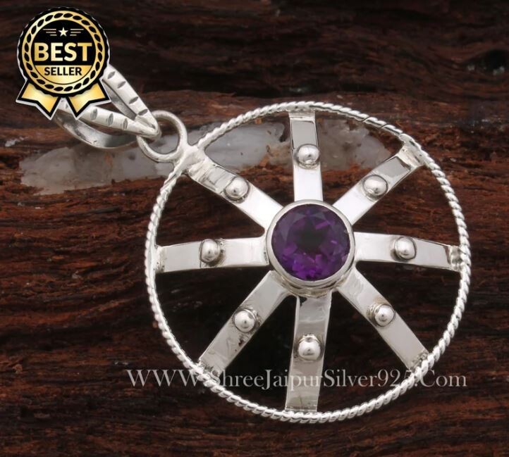 Amethyst Chakra Silver Pendant 925 Sterling Silver Purple Amethyst Pendant Wire Pendant Handmade Silver Jewelry For Silver Dotted Pendant