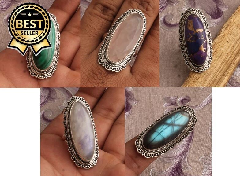925 Sterling Silver Rose Quartz Oval Silver Rings, Handmade Designer Gemstones Silver Ring, Big Stone Rings For Women, Index Finger Rings