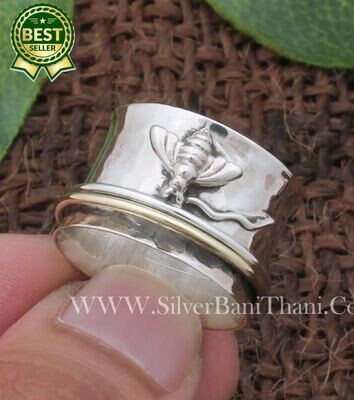 Honey Bee Solid 925 Sterling Silver Band Ring Fidget Spinner Ring Handmade Anxiety Ring Gift For Her Two Tone Band Ring Hammered Band Ring