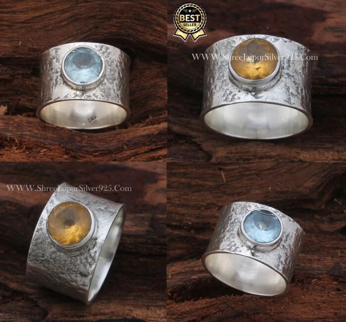 Oxidized Solid 925 Sterling Silver Ring For Women, Handmade Antique Silver Round Cut Gemstone Ring Gifts For Her Birthday Engagement Ring