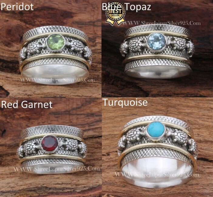 Four Birthstone Solid 925 Sterling Silver & Brass Jewelry Spinner Turtle Textured Spinner Ring Handmade Two Tone Gemstone Spin Ring