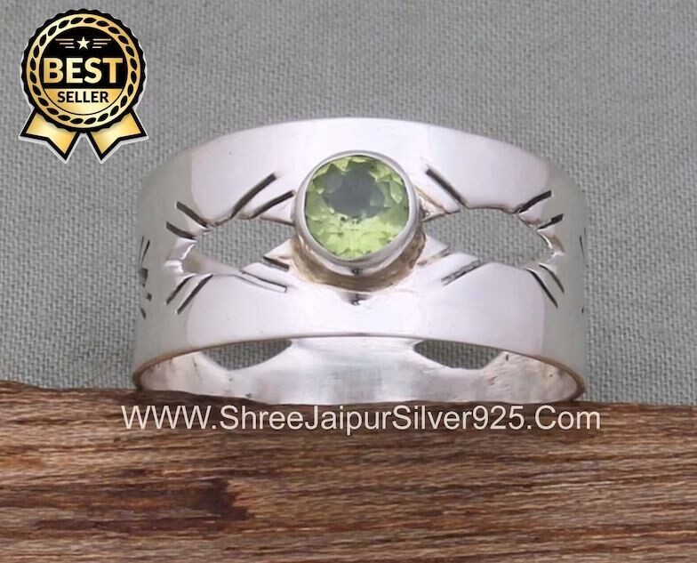 Solid 925 Sterling Silver Peridot Round Gemstone Band Ring, Handmade Filigree Carved Silver Band Ring For Anniversary Gift Birthstone Ring