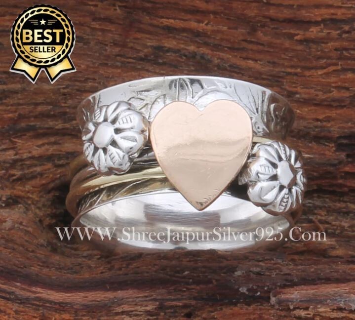 Heart & Flower Designer Solid 925 Sterling Silver Spinner Ring For Women, Handmade Wide Engraved Band Ring Gift For Her Birthday Anniversary