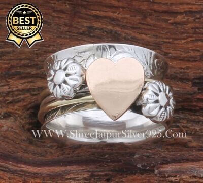 Heart & Flower Designer Solid 925 Sterling Silver Spinner Ring For Women, Handmade Wide Engraved Band Ring Gift For Her Birthday Anniversary