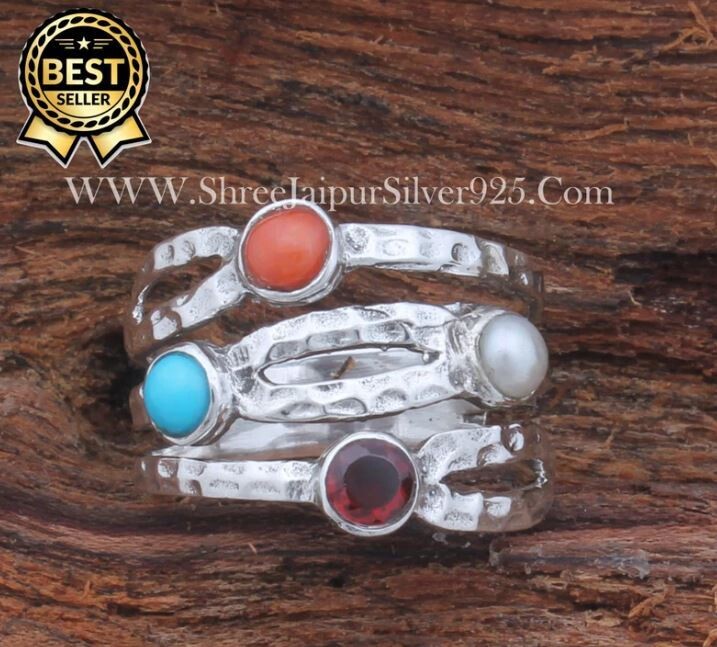 Red Garnet, Pearl, Coral &amp; Turquoise Solid 925 Sterling Silver Ring For Women, Handmade Silver Hammered Fancy Band Ring For Gifts For Her