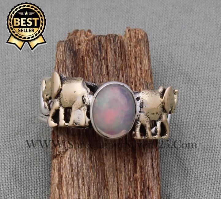 Multi Fire Two Elephant's Ring 925 Sterling Solid Silver Ring Handmade Oval Shape Gemstone Ring Silver Boho Ring October Birthstone Ring