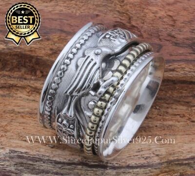Spinner Rings, 925 Sterling Solid Silver Rings, Bird Spinner Rings, Two Tone Spinner Rings, Flower Design Silver Spinner Ring, Gift For Him