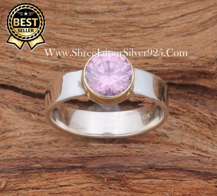 Pink Cubic Zirconia Baguette Cut Stone Solid 925 Sterling Silver Ring For Women, Handmade Zircon Silver Ring For Wedding Anniversary Gifts