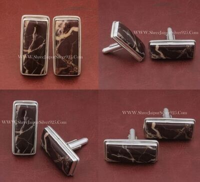 Coco Jasper Gemstone Silver Cufflink, Solid 925 Sterling Silver Cufflink, Rectangle Gemstone Cufflink Handmade Silver Cufflink Gift For Him