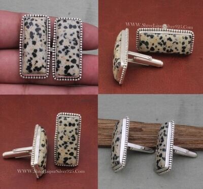 Solid 925 Sterling Silver Cufflink, Dalmatian Jasper Gemstone Silver Cufflink, Rectangle Gemstone Cufflink Handmade Cufflink Gift For Him