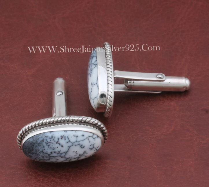 Dendritic Opal Gemstone Silver Cufflink, 925 Sterling Silver Cuff link, Oval Gemstone Cufflink, Handmade Cufflink, Present For Him Gift Idea