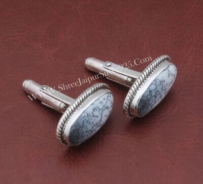 Dendritic Opal Gemstone Silver Cufflink, 925 Sterling Silver Cuff link, Oval Gemstone Cufflink, Handmade Cufflink, Present For Him Gift Idea