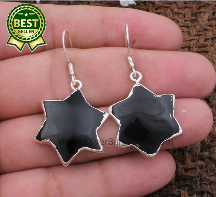 Black Onyx Silver Earrings | 925 Silver Electroplated Earrings | Designer Star Gemstone Earrings | Handmade Jewelry | Women Earrings Gift