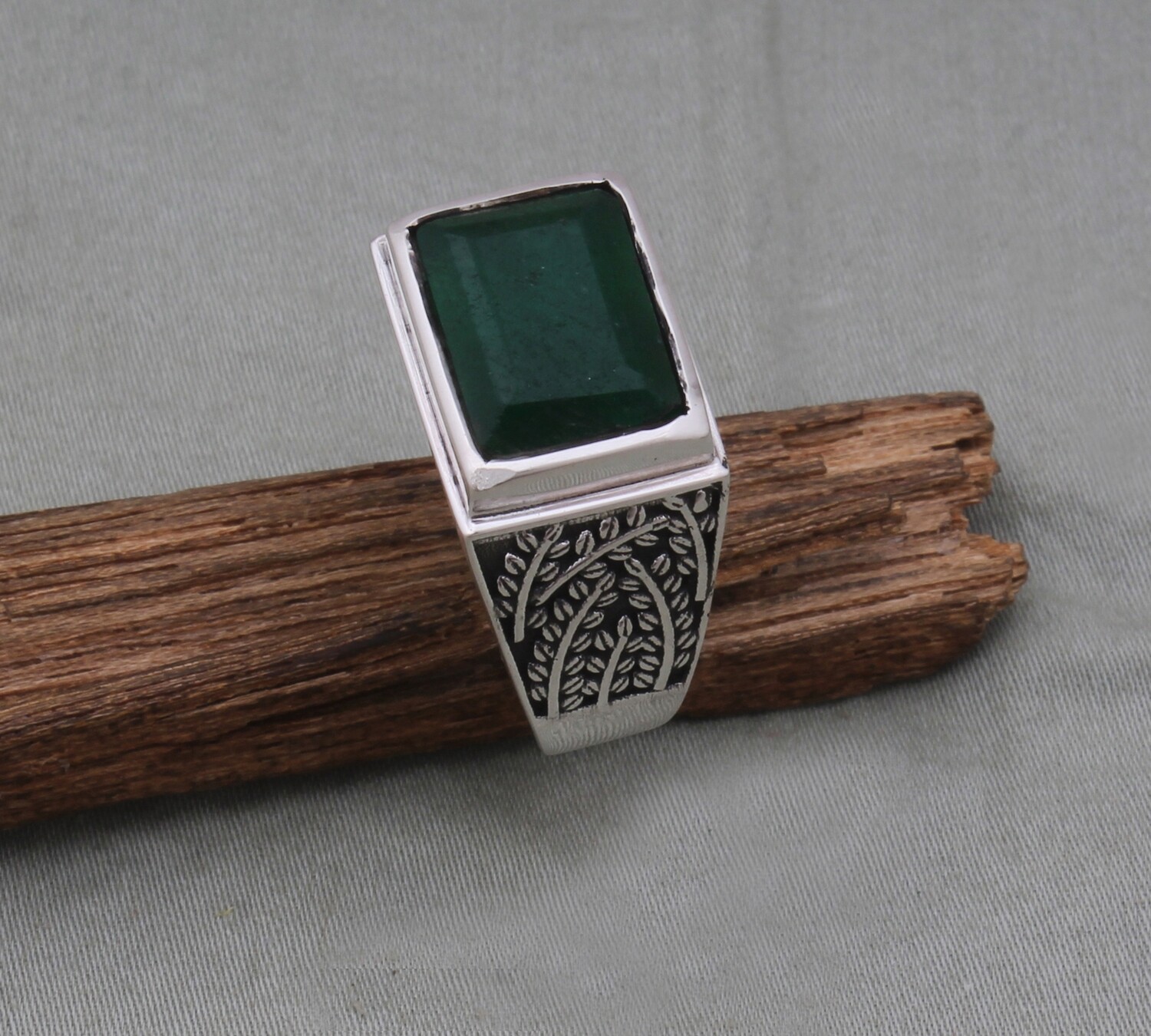 925 Sterling Silver Green Jade Ring leaves Designer Handmade Carved Silver Band Ring