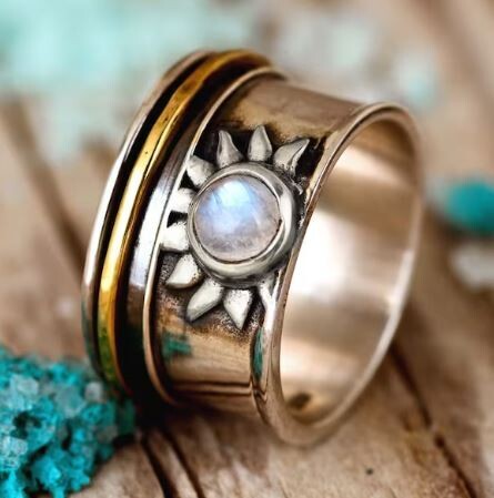 Sun Ring, Moonstone Ring, Fidget Anxiety Ring, Sterling Silver Ring for Women, Meditation Spinner Ring, Boho Celestial Jewelry