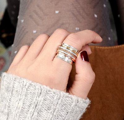 Solid 925 Sterling Silver Hammered Textured Band Spinner Ring For Women, Handmade Three Tone Engraved Fidget Worry Meditation Band Anxiety Ring Gifts For Her