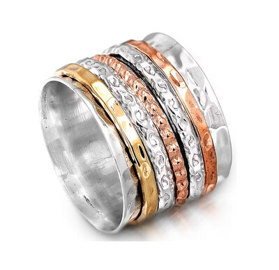 Solid 925 Sterling Silver Hammered Textured Band Spinner Ring For Women, Handmade Three Tone Engraved Fidget Worry Meditation Band Anxiety Ring Gifts For Her