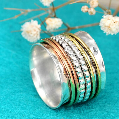 Solid 925 Sterling Silver Hammered Textured Band Spinner Ring For Women, Handmade Three Tone Engraved Fidget Worry Meditation Band Anxiety Ring Gifts For Her