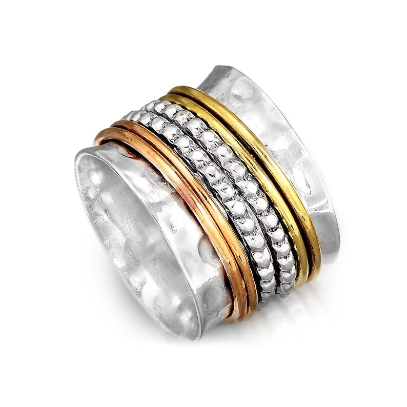Solid 925 Sterling Silver Hammered Textured Band Spinner Ring For Women, Handmade Three Tone Engraved Fidget Worry Meditation Band Anxiety Ring Gifts For Her