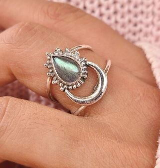 Genuine Labradorite Ring, Labradorite Silver Ring, Labradorite Ring, Crescent Moon Ring, Labradorite Statement Ring, Valentines Day Gift