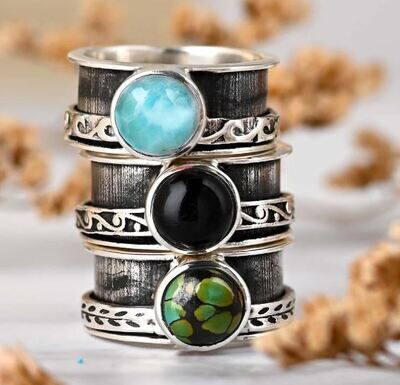 Black Onyx Ring, Fidget Anxiety Ring, Sterling Silver Ring for Women, Worry Spinner Ring, Meditation Boho Ring