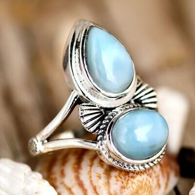 Two Stone Larimar Ring, Sterling Silver Ring for Women, Blue Stone Ring, Statement Teardrop Gemstone Ring, Boho Jewelry