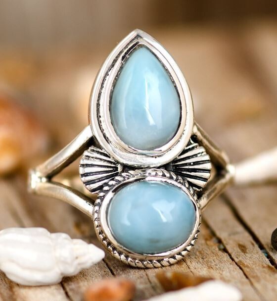 Two Stone Larimar Ring, Sterling Silver Ring for Women, Blue Stone Ring, Statement Teardrop Gemstone Ring, Boho Jewelry