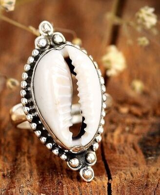 Cowrie Shell Ring, Ocean Ring, Sterling Silver Ring for Women, Bohemian Boho Gipsy Hippie Jewelry, Sea Shell Beach Jewelry