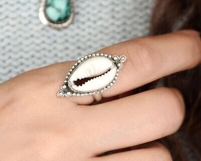 Cowrie Shell Ring, Ocean Ring, Sterling Silver Ring for Women, Bohemian Boho Gipsy Hippie Jewelry, Sea Shell Beach Jewelry