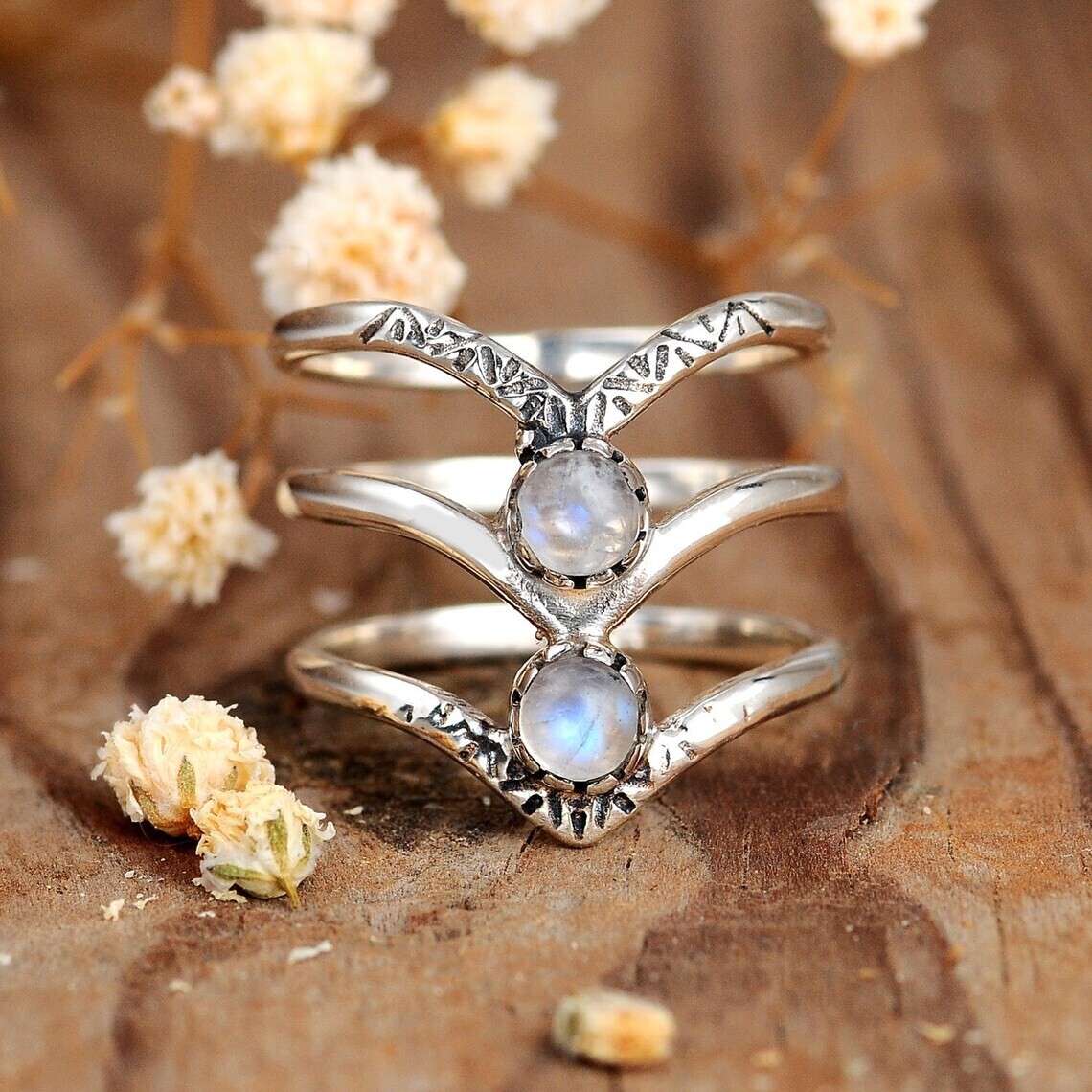 Triple Chevron Moonstone Ring, Sterling Silver Ring for Women, Triangle Engraved Boho Ring, Midi Dual Birthstone Ring, Bohemian Jewelry