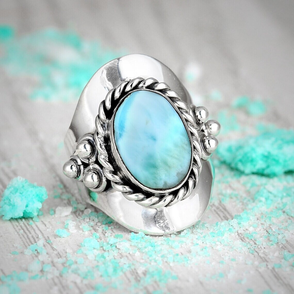 Larimar Ring, Sterling Silver Ring for Women, Boho Statement Ring, Large Stone Ring, Gemstone Ring, Bohemian Jewelry