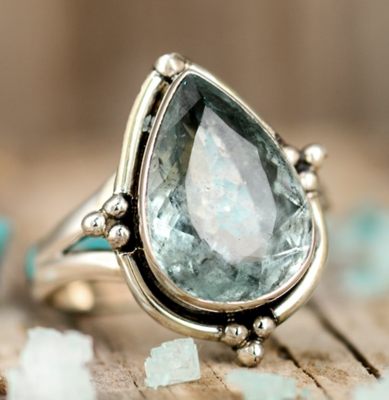 Aquamarine Ring for Women, Sterling Silver Ring, Boho Ring, Natural Genuine Real Blue Stone Ring, Statement Ring