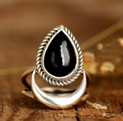 Crescent Moon Ring, Black Tourmaline Ring, Sterling Silver Ring for Women, Celestial Witch Jewelry, Teardrop Ring, Statement Boho Jewelry
